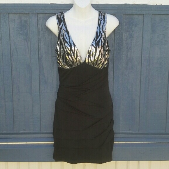 Silver zebra sequin plunge body con dress