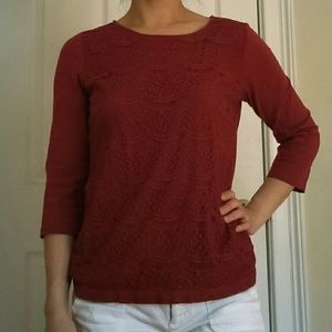 Loft 3/4 sleeve red top with lace overlay