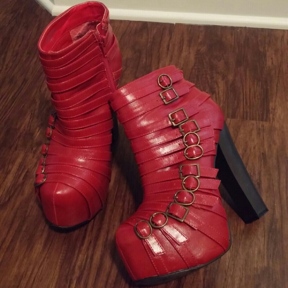 Red Strapped Platform Booties - Picture 2 of 4