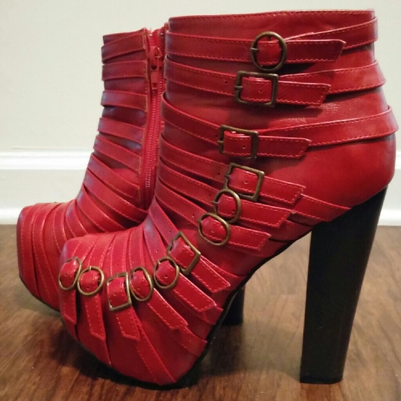 Red Strapped Platform Booties - Picture 4 of 4