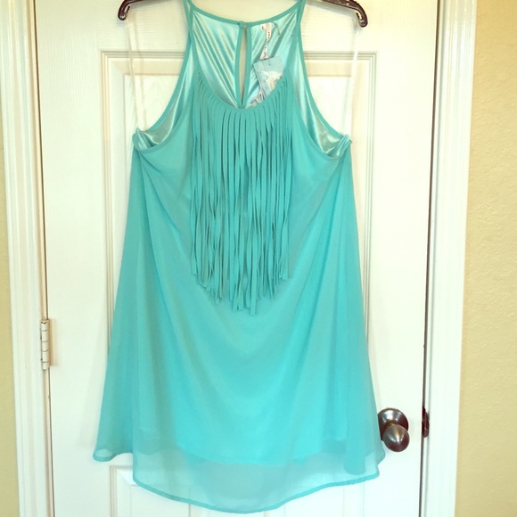 Turquoise, tank, mini dress with fringe on front