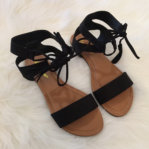 Black Tassel & Ankle Tie Sandals 7.5 - Picture 2 of 4