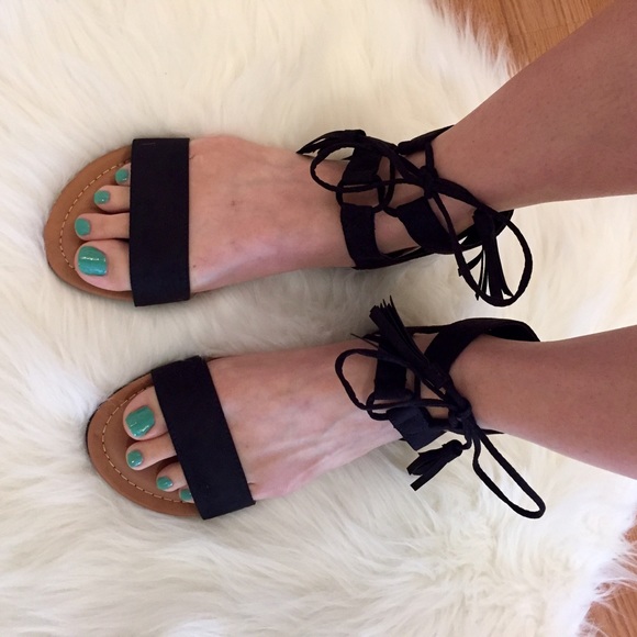 Black Tassel & Ankle Tie Sandals 7.5 - Picture 3 of 4