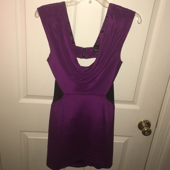 BEBE Purple Silk Sheer Black Cutout Dress