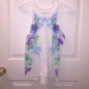 White floral high neck tank top
