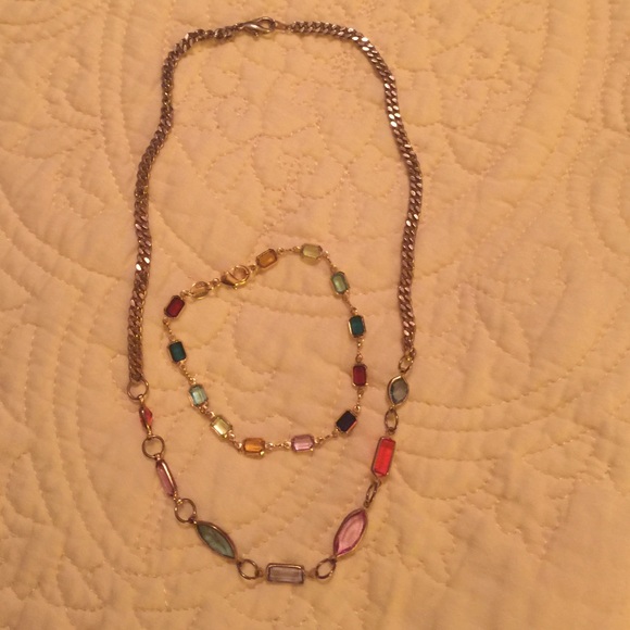 Gold tone multi colored crystals necklace/bracelet