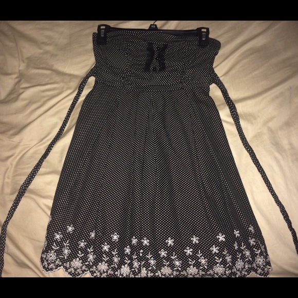 Black and white polka dot strapless dress