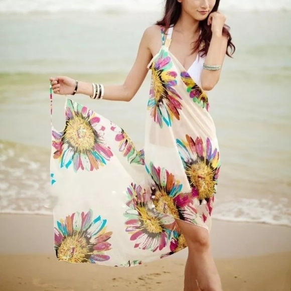 Other - COVER UP white FLORAL BEACH bathing suit wrap SWIM
