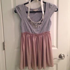 Grey/pink dress with jeweled neckline