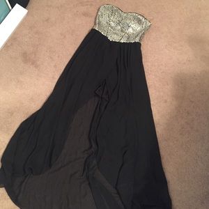 Long detailed black and silver prom dress!