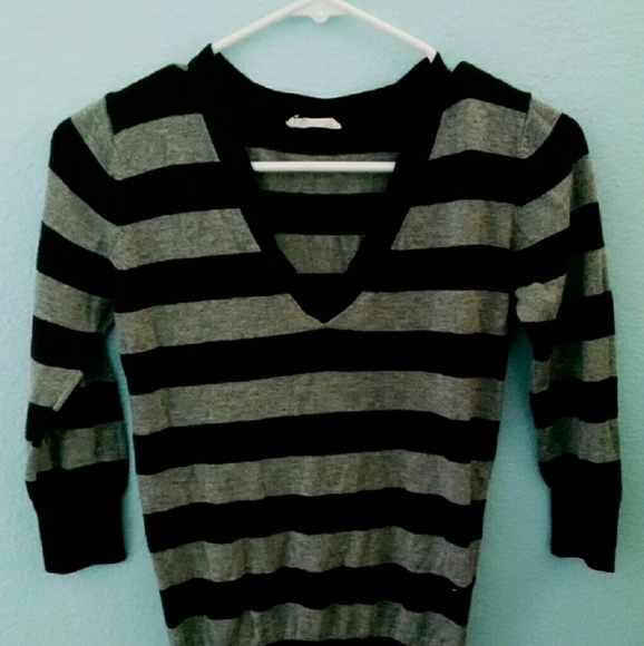 Black and Gray Striped Mid Sleeve Sweater