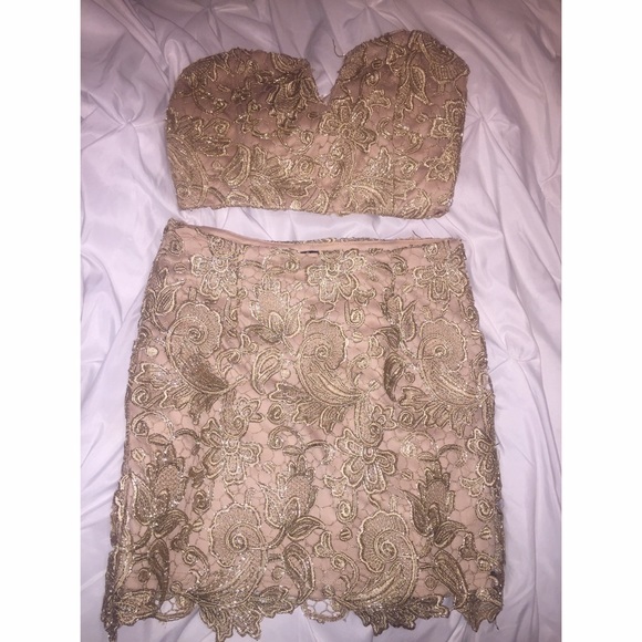 🔥Memorial Day Sale🔥Gold two piece lace skirt set