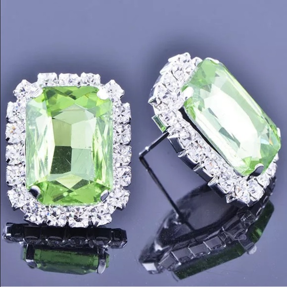 Jewelry - Large White Gold Filled CZ Green Crystal Earrings