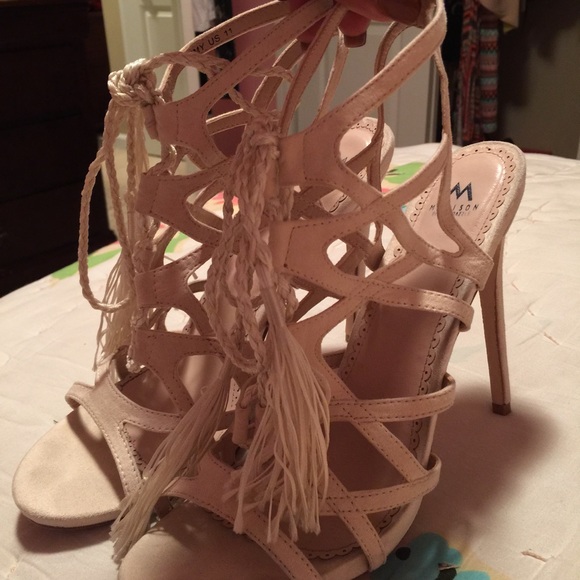 Beige Lace up Stilettos