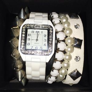 Cute white watch and bracelets set