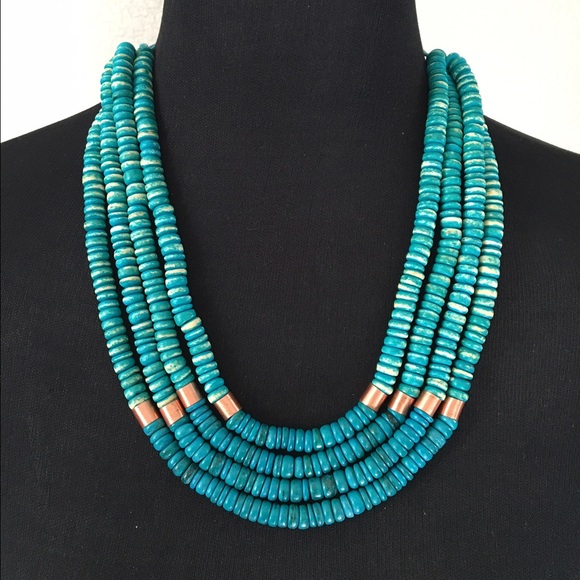 Turquoise Color Wood Bronze Accent Layer Necklace - Picture 2 of 3