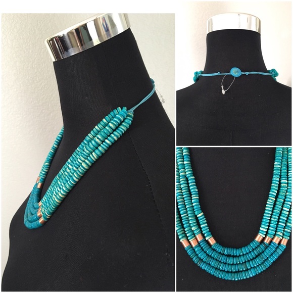Turquoise Color Wood Bronze Accent Layer Necklace - Picture 3 of 3