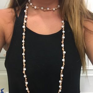 Leather and pearl double wrap necklace