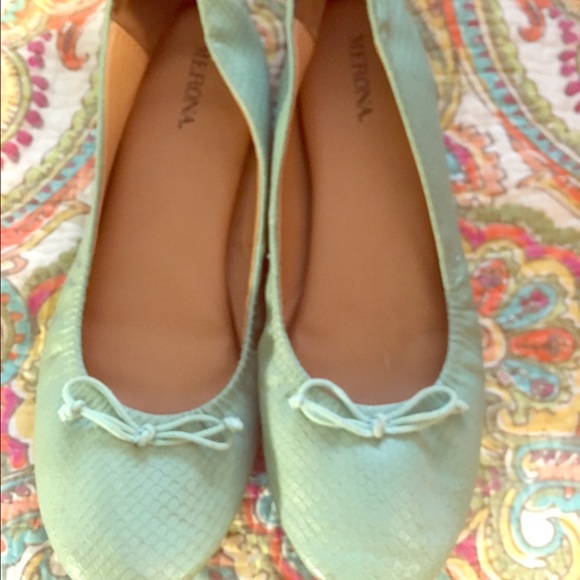 Mint green snake print ballet flat.