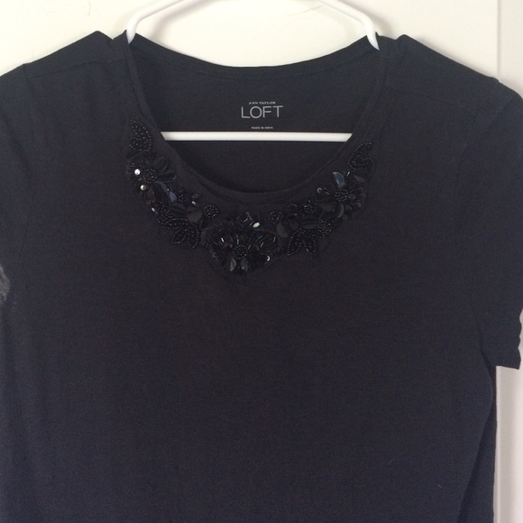 Loft black tee with jewel detail at neckline