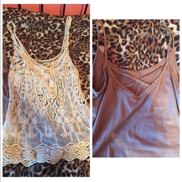 Sheer lace tank with brown criss cross back tank