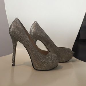 Enzo platform peep toe glitter heels.
