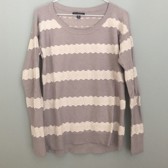 GREY & WHITE LACE STRIPED SWEATER