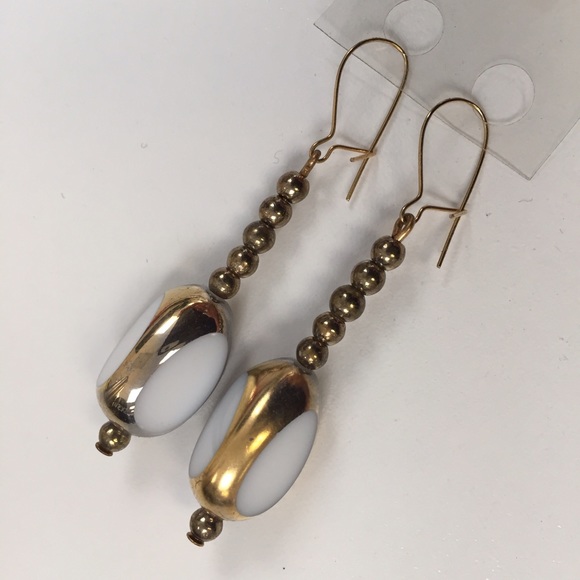 Gold and White Vintage Glass Drop Earrings