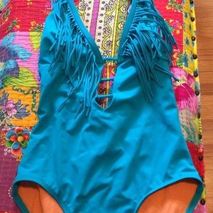 Plunge neck fringe swimsuit Aqua*