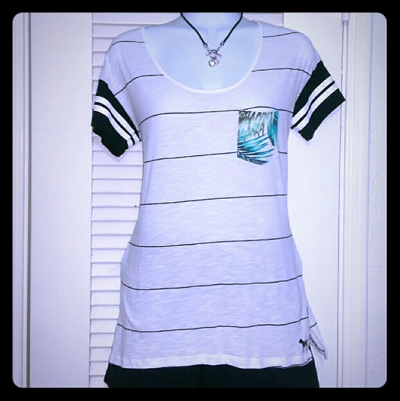 White, black stripped and green VS pink small top