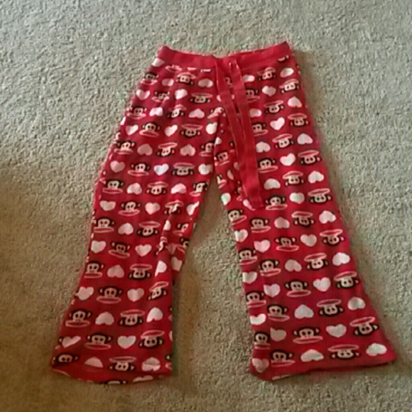 Red Fuzzy Pajama Pants w/ Hearts and Monkeys
