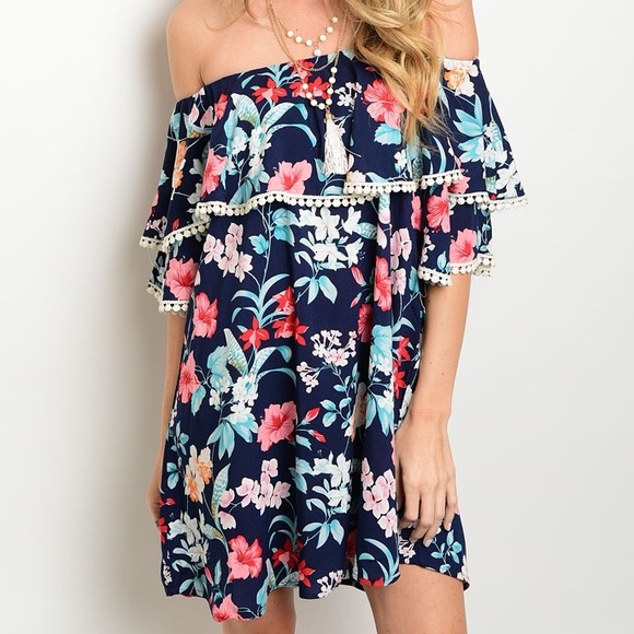 Leather and Sequins Dresses & Skirts - 🎈LAST ONE🎈Navy Floral Tropical Tassel Trim Dress