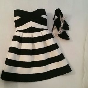 Strapless, short, black and white dress