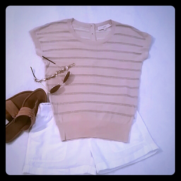 Linen colored, short sleeve top with stripes