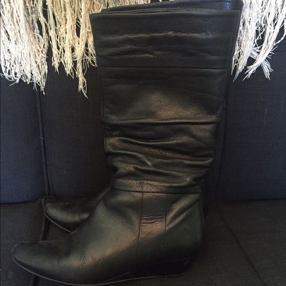 Genuine black leather boots with low wedge