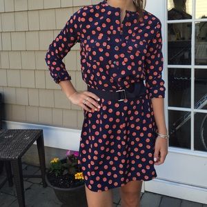 Navy and orange polka dot dress