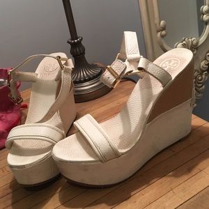 Tory Burch white platform wedges