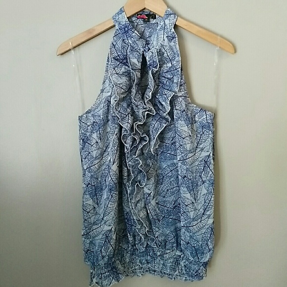 Printed leaves blue sleeveless blouse