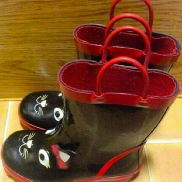 Gymboree kitty rain boots black and red sz 12
