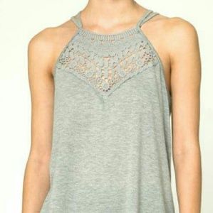 Heather Grey Crochet Tank with high neck line