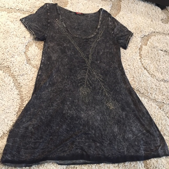 Grey dress with feather embellishment