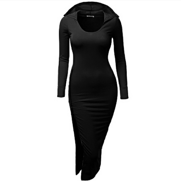 Black hooded midi dress