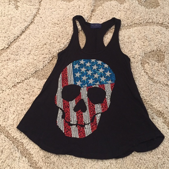 Black tank with Red White & Blue rhinestone skull