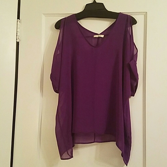 Exposed shoulder sheer purple shirt