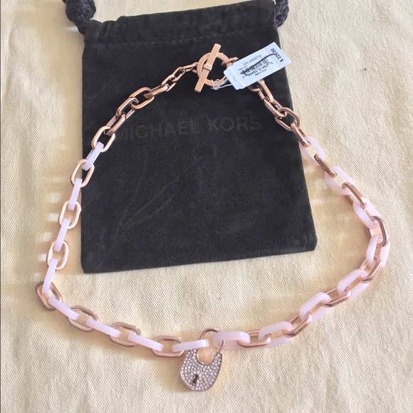 NWT Michael Kors Rose Gold & BlushPadlock Necklace - Picture 2 of 4