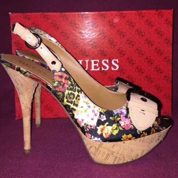Guess Shoes - Floral Peep Toe Heels w/ Buckle Ascent Sz 10