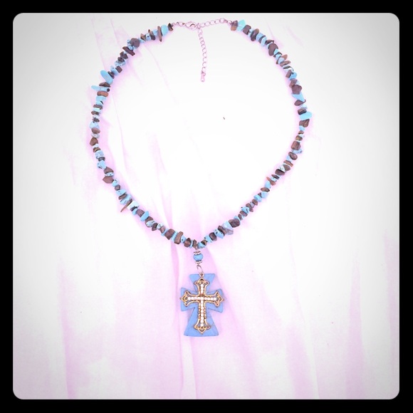 Turquoise and bling cross necklace