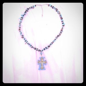 Turquoise and bling cross necklace