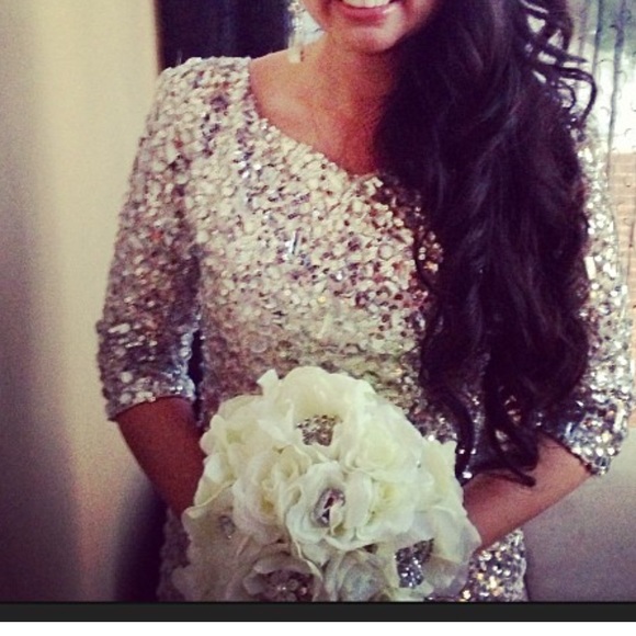 Custom beaded Silver and champaign evening gown.