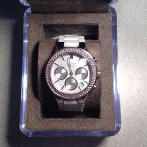 DKNY dress white watch with pink crystals